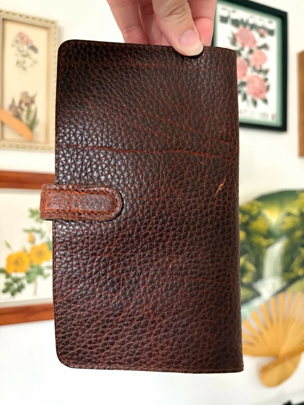 Vintage Handmade Dark Brown Pebbled Leather Long Bifold Wallet with Brass Accent